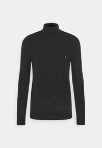 Dunkelgrauer Rollkragenpullover aus weichem Material. Mit langen Ärmeln und einem kleinen Logo auf der Brust. Glatte Textur, figurnahes Design.