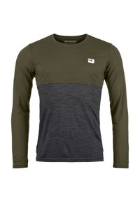 Langarmhemd mit einem olivgrünen oberen Abschnitt und einem dunkelgrauen unteren Abschnitt, aus weichem Stoff gefertigt, mit einem Logo auf der Brust.