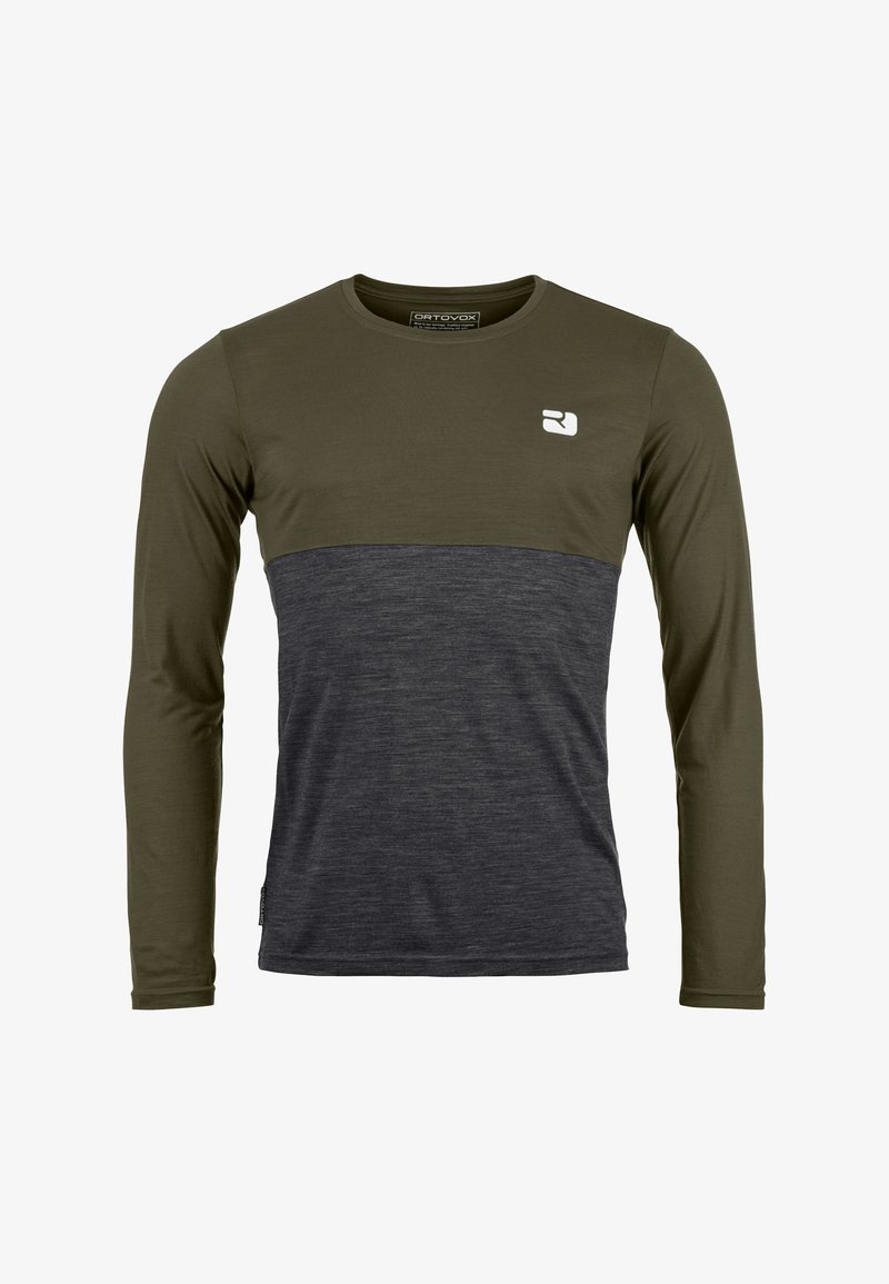 Langarmhemd mit einem olivgrünen oberen Abschnitt und einem dunkelgrauen unteren Abschnitt, aus weichem Stoff gefertigt, mit einem Logo auf der Brust.