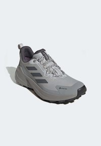 GORE-TEX wandelschoen in lichtgrijs met zwarte accenten, gestructureerde bovenkant, gewatteerde kraag en robuuste, geprofileerde outsole voor grip.