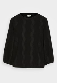 Top nero con un motivo a onda testurizzato, scollatura rotonda e maniche a tre quarti. Realizzato in tessuto leggero con un design sottile.