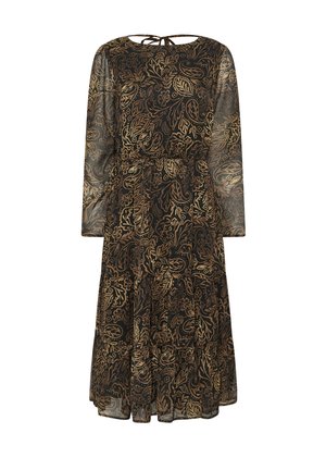 Robe midi noire avec longues manches transparentes, imprimé floral et cachemire beige, taille froncée et fermeture à nouer en goutte d'eau au dos du col.