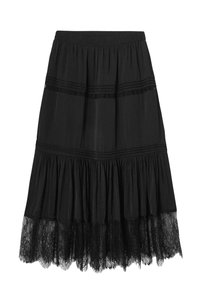 Jupe noire mi-longue aux genoux avec un design à volants superposés, ornée d'une bordure en dentelle à l'ourlet et d'une taille élastique pour un ajustement confortable.