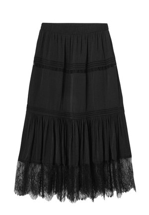 Jupe noire mi-longue aux genoux avec un design à volants superposés, ornée d'une bordure en dentelle à l'ourlet et d'une taille élastique pour un ajustement confortable.