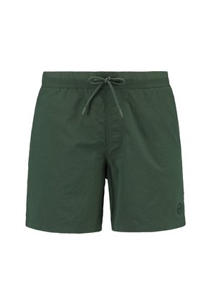 Zelené plavky s elastickým pasem, šňůrkovým uzávěrem, hladkým povrchem a malým logem na dolním pravém boku.