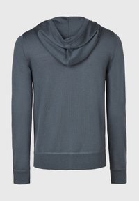 Sweatshirt à capuche de couleur gris foncé, avec des manches longues, des poignets côtelés et une texture douce, au design simple et épuré.
