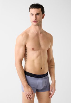 Mężczyzna bez koszulki z krótkimi ciemnymi włosami, ubrany w jasnoszare bokserki GUESS, stojący na tle jednolitego jasnego tła, patrzący w lewo.