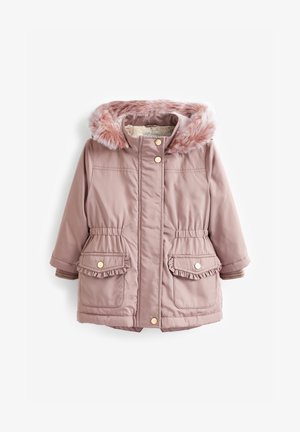 Manteau d'hiver rose pour tout-petit avec capuche bordée de fausse fourrure, boutons-pression, taille élastique, poches à rabat froncées, et poignets en tricot côtelé.