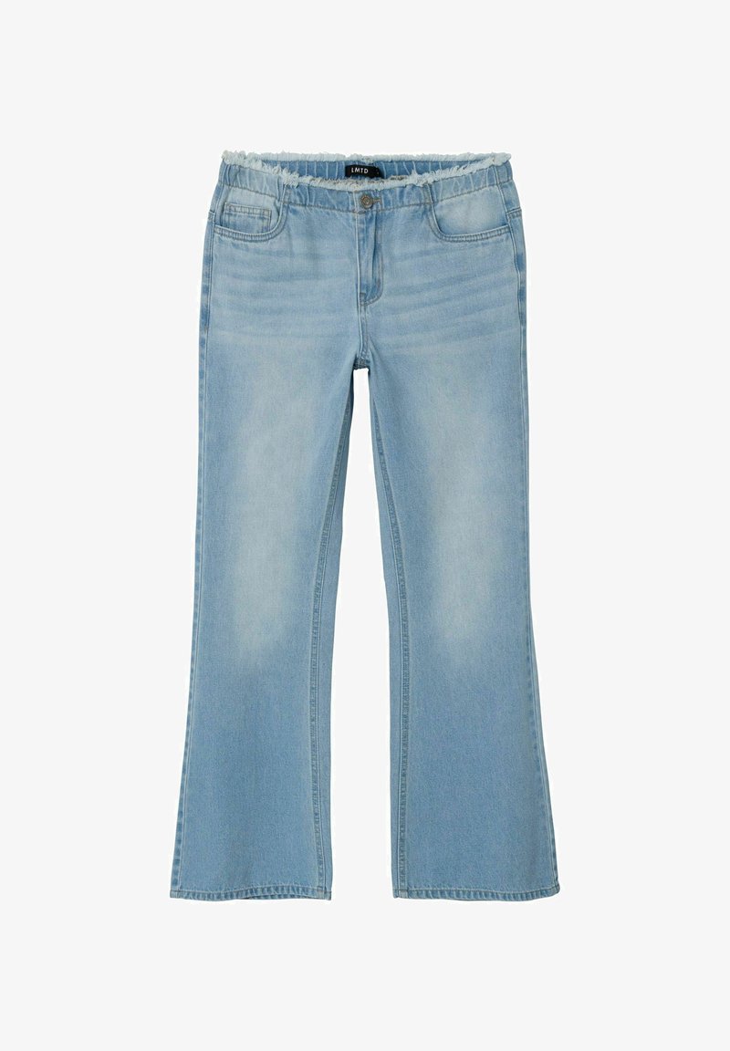 Jean bleu clair avec une coupe évasée, une taille effilochée et un design classique à quatre poches. Fabriqué en denim avec une texture lisse.