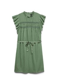 Zöld ruha rövid volános ujjakkal, rugalmas smock-kal a mellen, és egy illeszkedő övvel a méret állításához. Texturált anyag, pöttyös mintával.