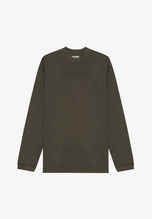 Langarm-T-Shirt aus dunkelolivgrünem Baumwollmaterial, mit Rundhalsausschnitt und geradem Saum. Weiche, glatte Textur mit minimalen Nahtdetails.