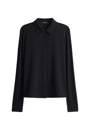 Black long-sleeve button-up shirt with a pointed collar, straight hem, and a smooth, solid fabric texture.