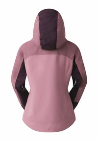 Wasserdichte Jacke in Pink und Dunkellila mit tailliertem Design, verstellbarem Kapuzenrand und Reißverschlusstaschen auf beiden Seiten. Glatte Textur.