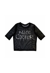 Black mesh short-sleeve t-shirt featuring a distressed white "Alice Cooper" graphic centrally placed on the front.