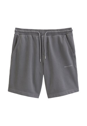 Shorts décontractés pour hommes en gris, avec taille élastique, cordons de serrage, poches latérales et petit logo blanc Marc O’Polo sur la jambe gauche.