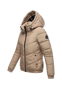 Beige pufferjack met een capuchon, voorzien van een ritssluiting, elastische manchetten en zijzakken. Geverfd gequilte ontwerp met zwarte accenten.