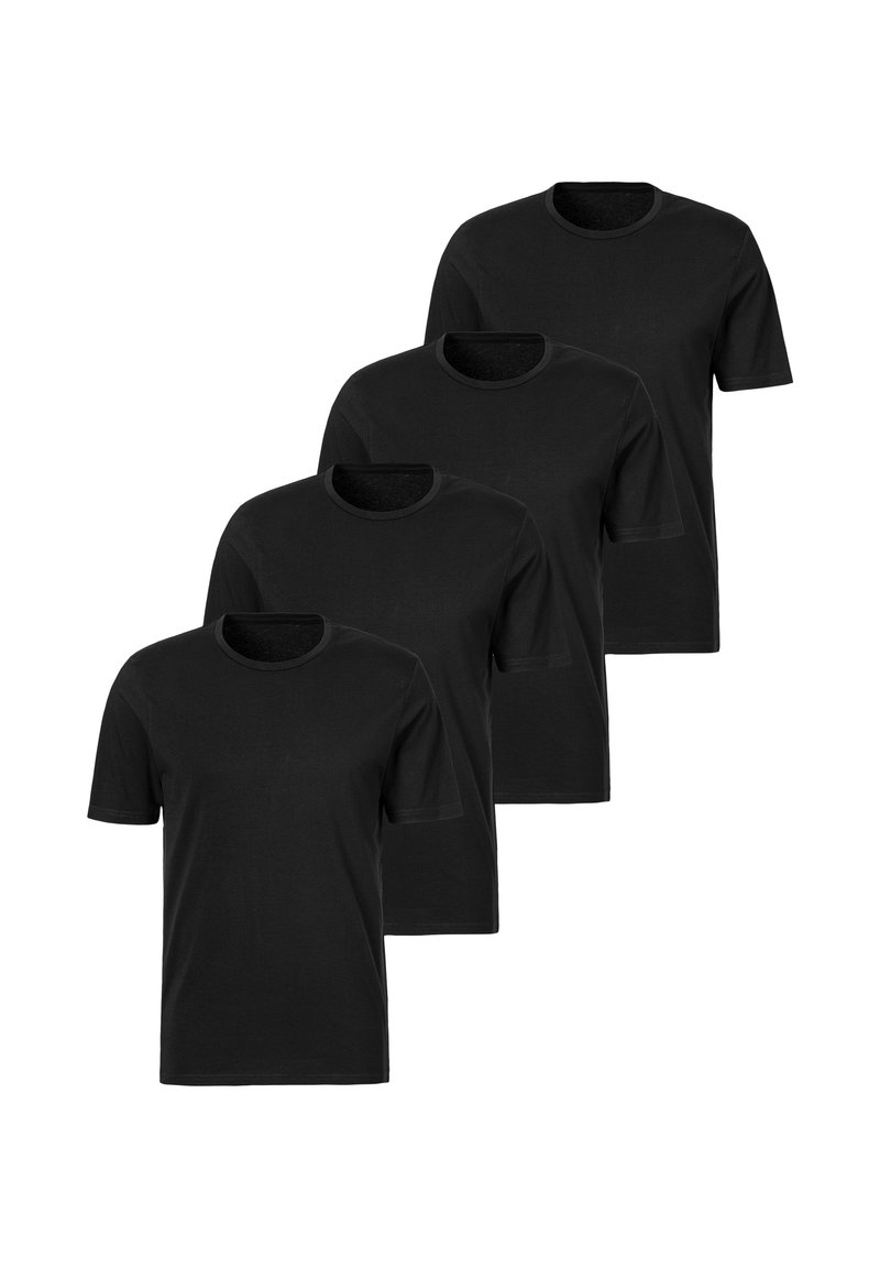 Ensemble de quatre t-shirts noirs à manches courtes en coton doux, avec un col rond et une coupe droite, sans motifs ni graphismes.