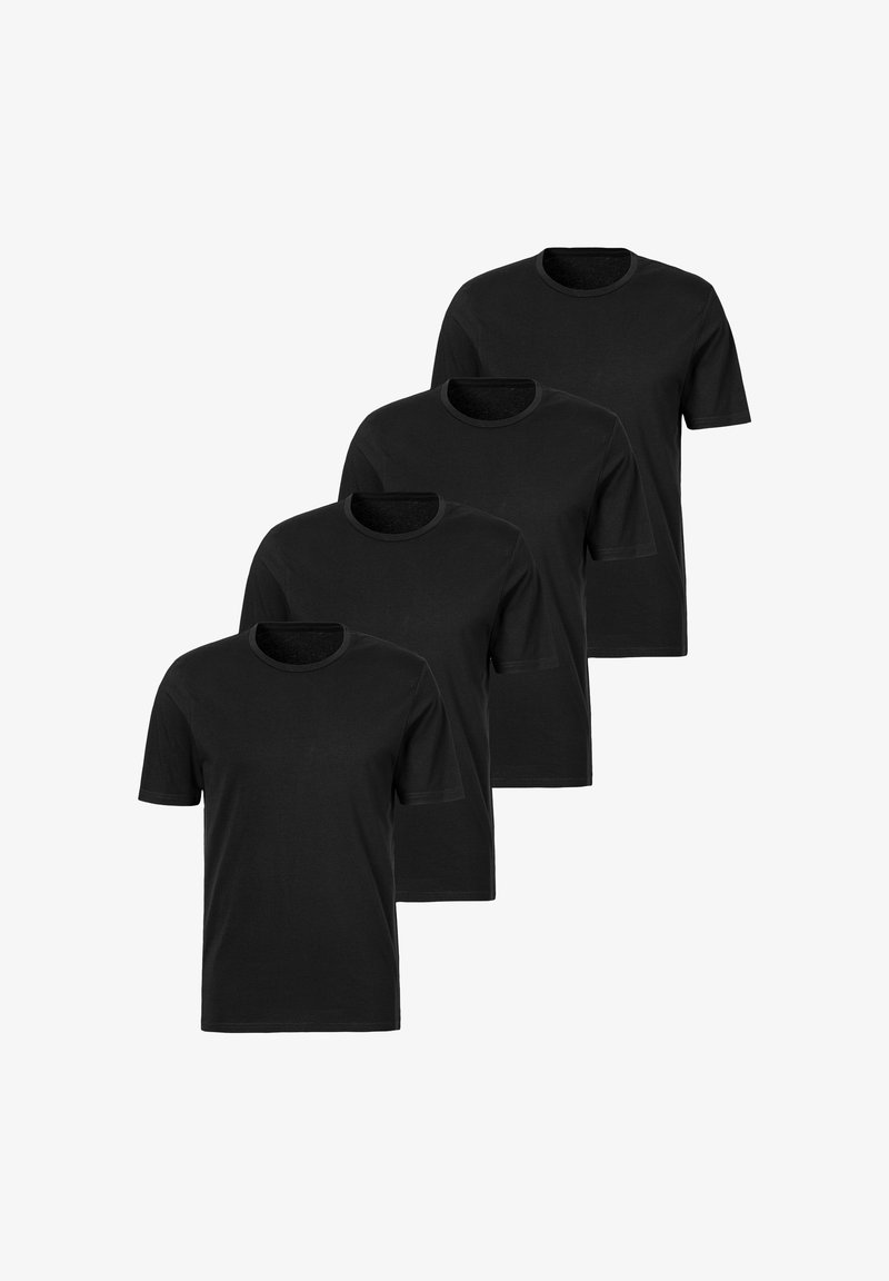 Set of four black short-sleeve t-shirts made of soft cotton fabric with a round neck and a straight fit, featuring no patterns or graphics.