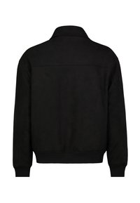 Zwarte suede jas met een kraag, geribde boorden en onderrand. Gladde textuur zonder zichtbare hardware of patronen. Achteraanzicht weergegeven.