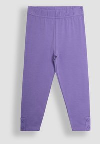 Violet leggings made of stretchy fabric, featuring an elastic waistband and buttons at the ankle cuffs for an adjustable fit.