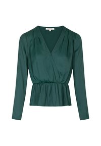 Haut enveloppant en satin vert avec des manches longues, taille froncée et détails plissés aux épaules. Texture lisse avec un fini doux et satiné.