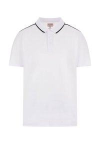 Camisa polo blanca con una tapeta de tres botones, detalles en negro a lo largo de los hombros y mangas cortas. Fabricada con una tela suave y ligera.