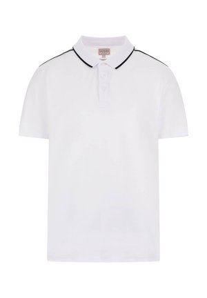 Witte polo met een drieknopenplist, zwarte bies langs de schouders en korte mouwen. Gemaakt van een zachte, lichte stof.