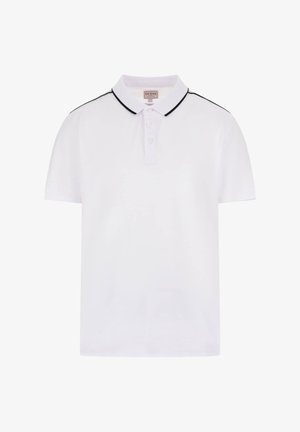 Witte polo met een drieknopenplist, zwarte bies langs de schouders en korte mouwen. Gemaakt van een zachte, lichte stof.