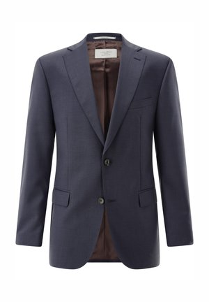 Navy blue men's blazer with notched lapels, two front flap pockets, two-button closure, and brown satin lining inside.