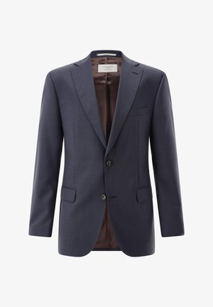 Navy blue men's blazer with notched lapels, two front flap pockets, two-button closure, and brown satin lining inside.