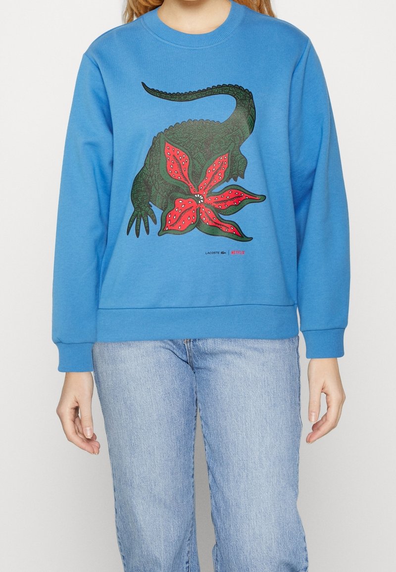 Blå sweatshirt med en grön ödla-design och röda blommor som accent. Ribbad mudd och nederkant, tillverkad av en mjuk bomullsblandning.