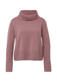 Rosa gestrickter Pullover mit hohem, geripptem Rollkragen, überschnittenen Schultern und strukturiertem Körper. Verfügt über breite Rippungen am Saum und an den Ärmeln.
