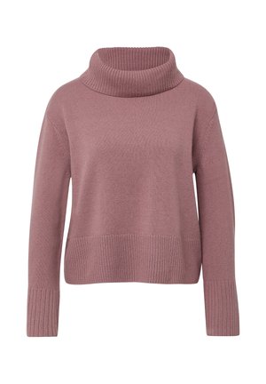 Roze gebreide trui met een hoge, geribbelde col, verlaagde schouders en een gestructureerd lichaam. Kenmerkt zich door brede ribbels aan de zoom en mouwen.