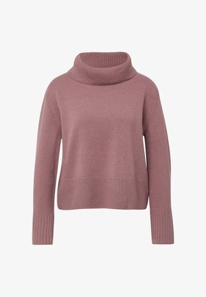 Roze gebreide trui met een hoge, geribbelde col, verlaagde schouders en een gestructureerd lichaam. Kenmerkt zich door brede ribbels aan de zoom en mouwen.