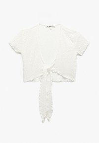Weißes, kurzärmliges Crop-Top aus strukturiertem Stoff, mit tiefem V-Ausschnitt und einer mittigen Bindung zum Verschließen. Weich, leicht und mit einem welligen Muster.