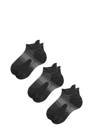 Mustad mustad sokid, mis sisaldavad kindlaid ja võrkvorme, madala lõikega kujundust ning tugevdatud varba ja kanna osi.