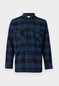 Camicia a quadri blu e nera in flanella con maniche lunghe, chiusura con bottoni sul davanti, due tasche sul petto e orlo arrotondato. Tessuto morbido e design casual.