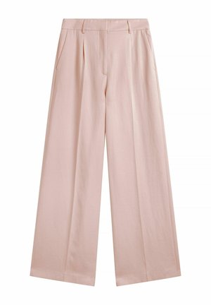 Beiget leveälahkeiset housut, joissa on laskokset, sivutaskut ja vyölenkit, esitettyinä tasaisesti valkoista taustaa vasten.