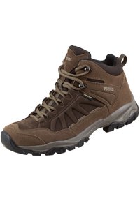 Halbhohe Wanderschuhe aus braunem Wildleder und Mesh, mit einer strukturierten Oberfläche, Schnürsenkeln und einer robusten schwarzen Gummisohle mit Profil.