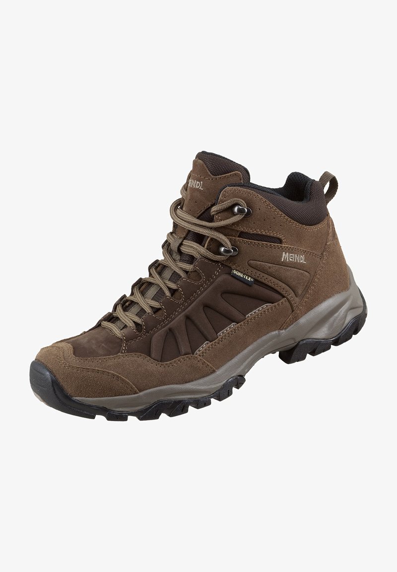 Halbhohe Wanderschuhe aus braunem Wildleder und Mesh, mit einer strukturierten Oberfläche, Schnürsenkeln und einer robusten schwarzen Gummisohle mit Profil.