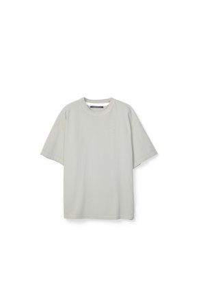 Maglietta grigia chiara, a maniche corte, con scollo tondo e vestibilità ampia, mostrata su uno sfondo bianco.