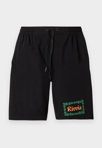 Čierne šortky s elastickým pásom a šnúrkou, so zeleným kvetinovým okrajom a oranžovým textom "Rivvia" v ľavom dolnom rohu.