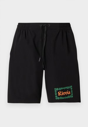 Fekete rövidnadrág, rugalmas derékkal és zsinórral, zöld virágmintás szegéllyel és narancssárga "Rivvia" felirattal az alsó bal oldalon.
