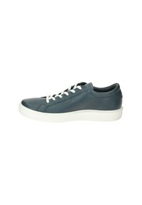 Sneaker in pelle blu con suola in gomma bianca, design minimale, punta rotonda e lacci piatti. Presenta una superficie testurizzata per una migliore aderenza.