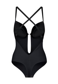 Zwarte bodysuit met een diepe decolleté, gevormde cups en kruislingse bandjes. Gemaakt van gladde stof, met een strak ontwerp en drukknoopsluitingen onderaan.