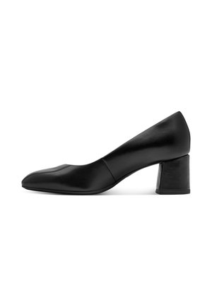 Zwarte leren pump met lage blokhak, puntige neus en gladde afwerking, zijaanzicht op witte achtergrond.