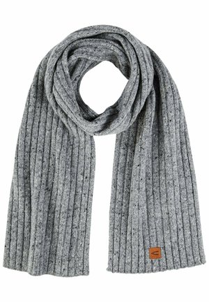 Ribbed gray scarf made of soft material, featuring a subtle texture and a small brown leather tag with logo at one end.