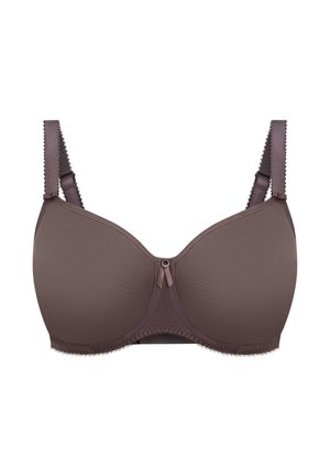 Sujetador acolchado marrón con tirantes ajustables, textura suave y borde decorativo con ondas. Cuenta con un pequeño lazo central como adorno.