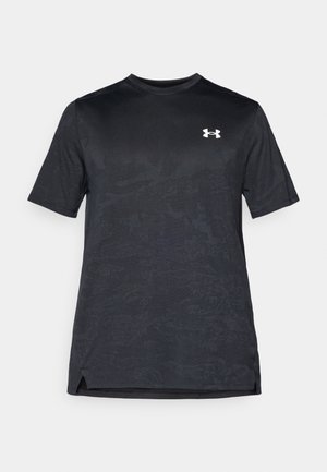 Black short-sleeve athletic t-shirt featuring a subtle textured pattern and a white Under Armour logo on the upper left chest.