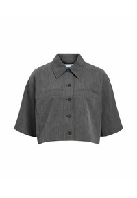 Graues, tailliertes Button-Up-Shirt mit Kragen, kurzen Ärmeln und zwei vorderen Taschen. Hergestellt aus strukturiertem Stoff mit einem dezenten Streifenmuster.